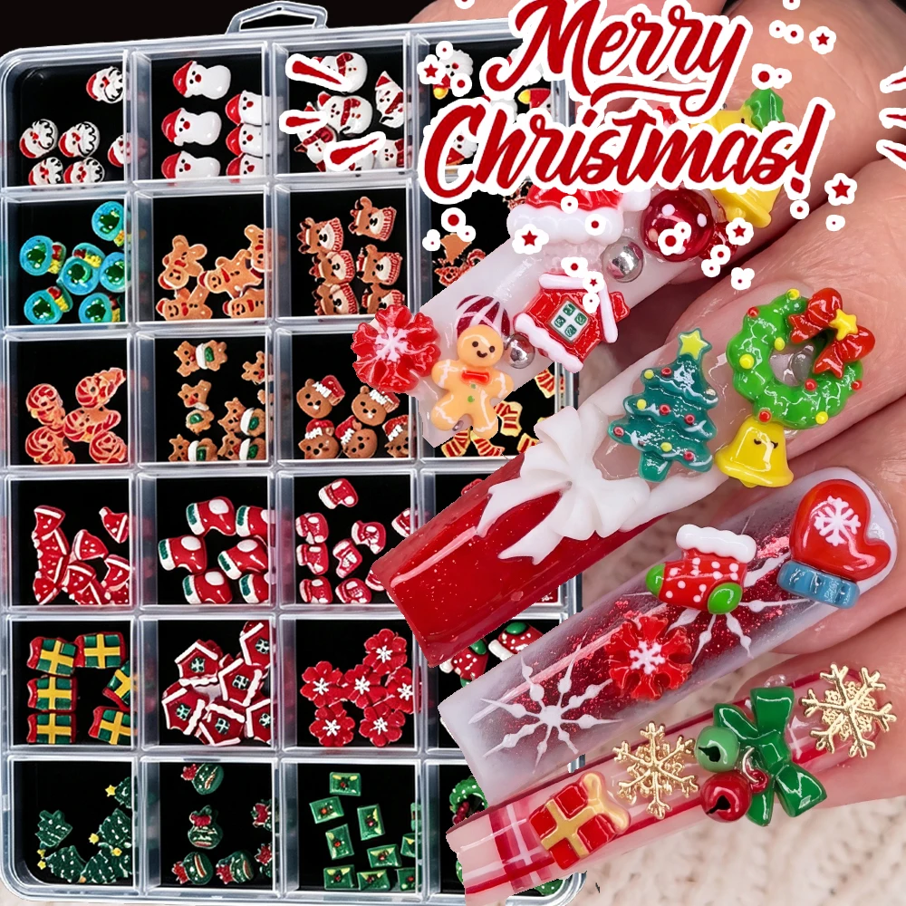 12/24Grids Christmas 3D Resin Tree Stocking Snowman Gingerbread Nail Charms 1-1.2cm Mix Xmas Tree Gift Stocking Nail Accessorie
