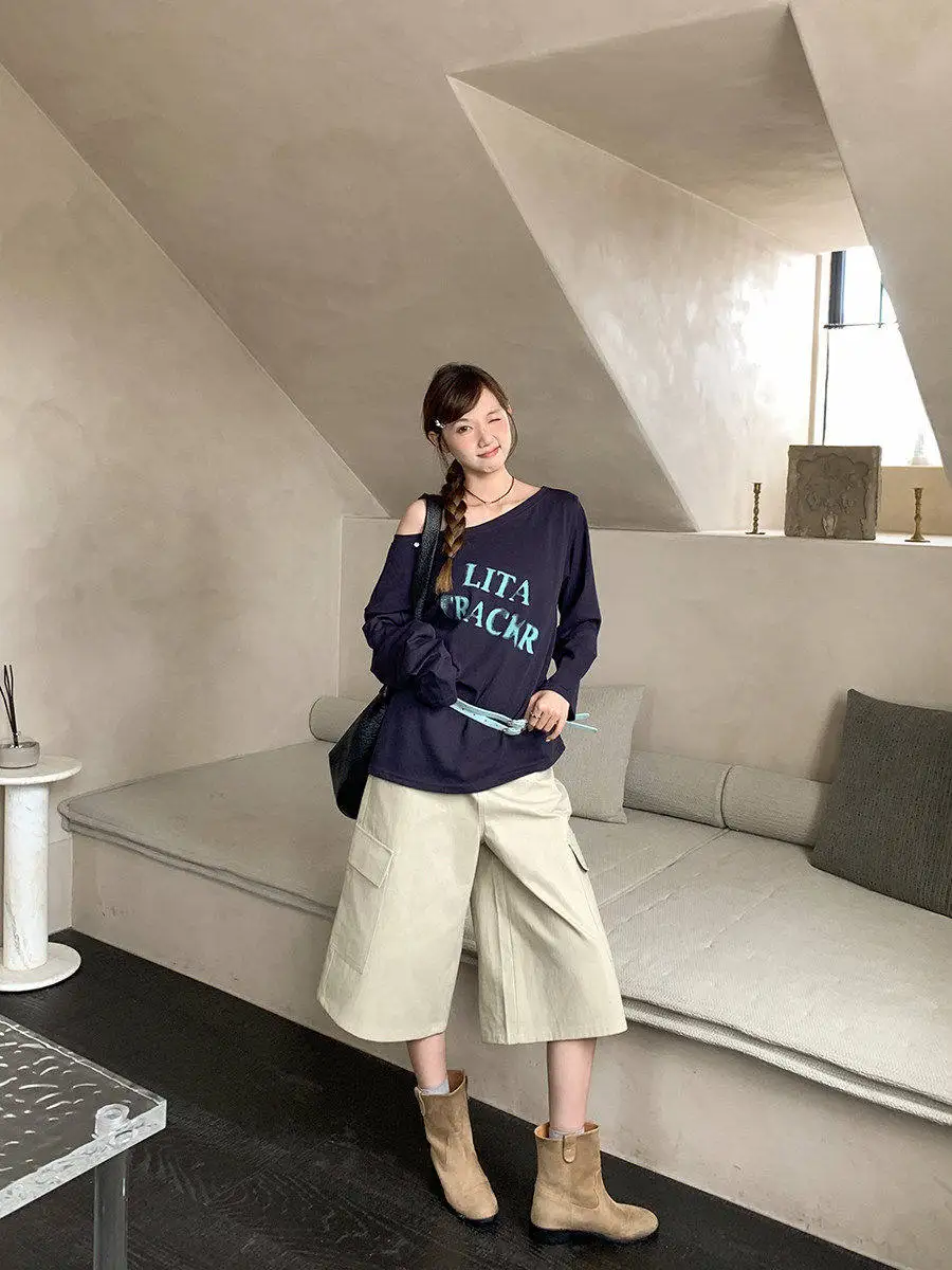 

Retro Workwear Seven-Foot Pants Women Loose High Waist Straight Casual Mid-Pants Apricot Versatile Comfortable Cotton Knitted