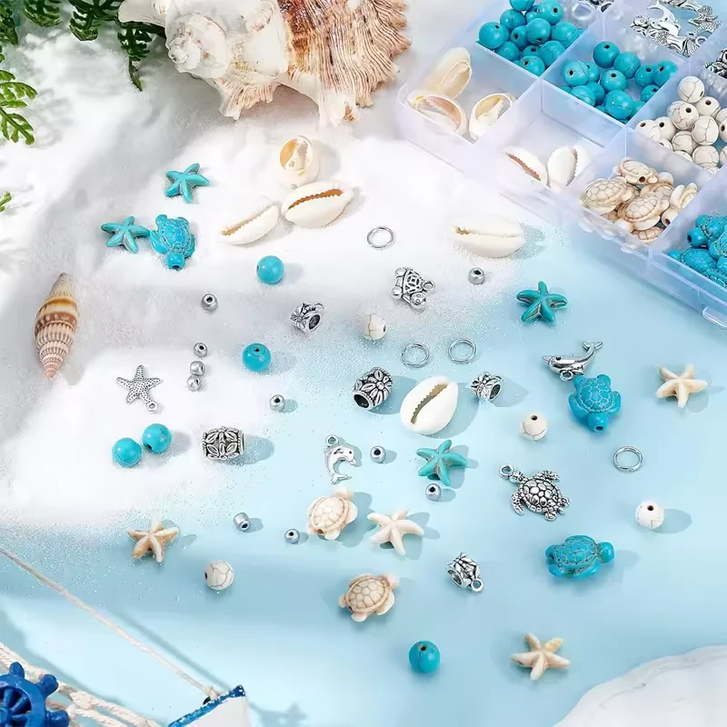 715Pcs Turquoise Ocean Blue White Summer Beach Bead Kit, Turtle Shell Starfish Shape Beads for DIY Jewelry Making Bracelets Earr image 3