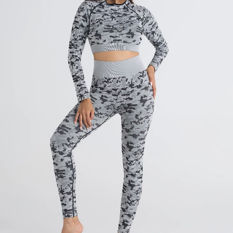 

Yoge Women's Long Sleeve Sexy Camouflage Jacquard Fitness Suit Running Sport Suit Seamless Peach Hip Yoga Suit Set Two-piece Set