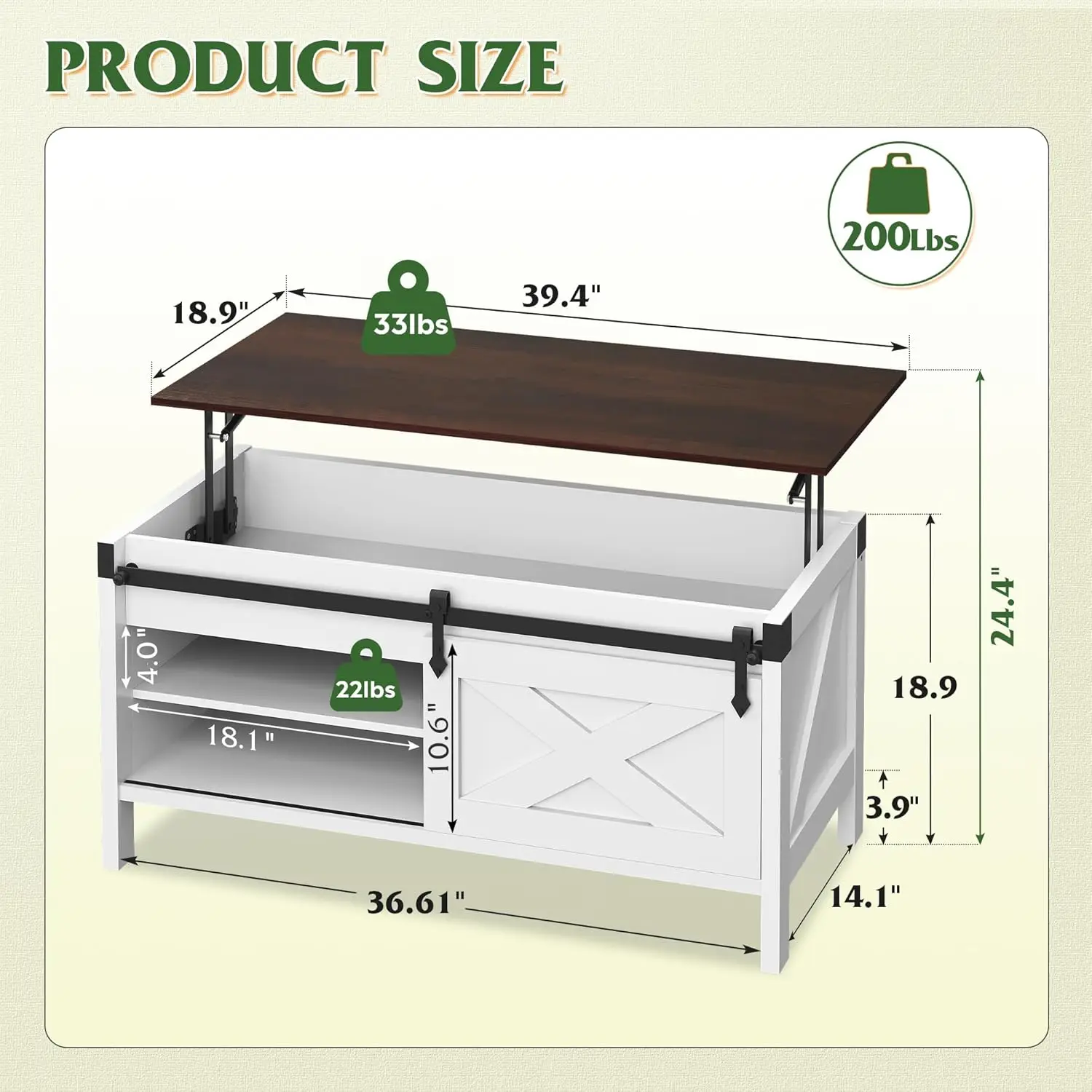 Lift Top Coffee Table, 39.4" Farmhouse Coffee Table with Large Hidden Storage Compartment, Sliding Barn Doors, Customized