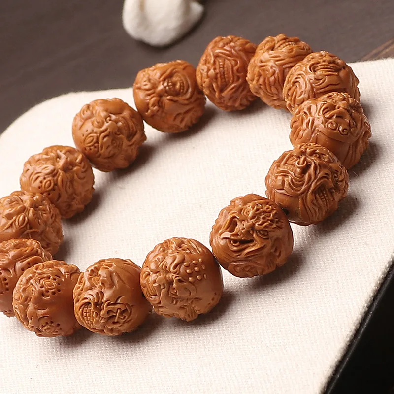 Olive pit hand-carved evil monk single-strand bracelet, short round iron core, - carving, four-sided Buddha charm brace