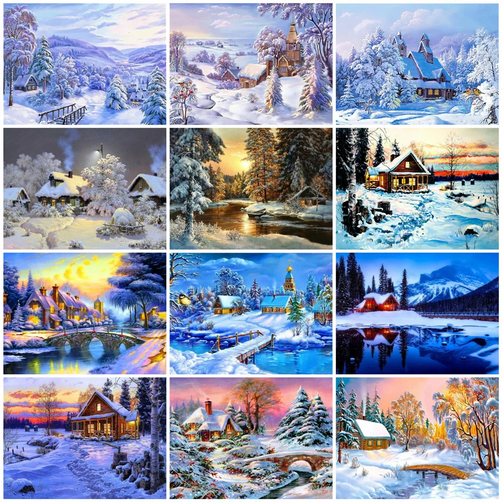 HUACAN DIY Frame Oil Painting Winter Landscape For Adults Picture By Numbers House Snow Acrylic Paint On Canvas Home Decor