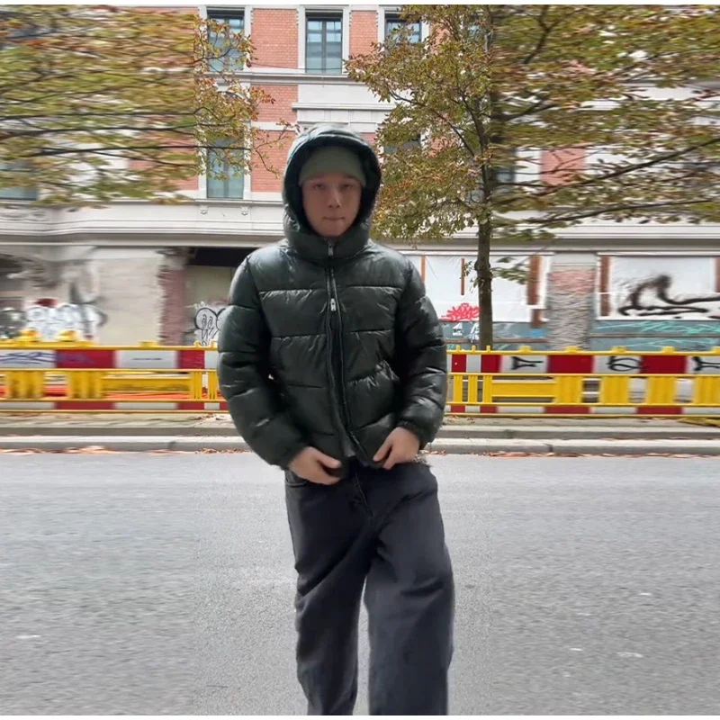 أزياء سوداء لامعة مقنعين معطف القطن المرأة عارضة الوقوف طوق سستة ضئيلة سترة دافئة سيدة الشتاء اليومية تخفيف ملابس خارجية #6