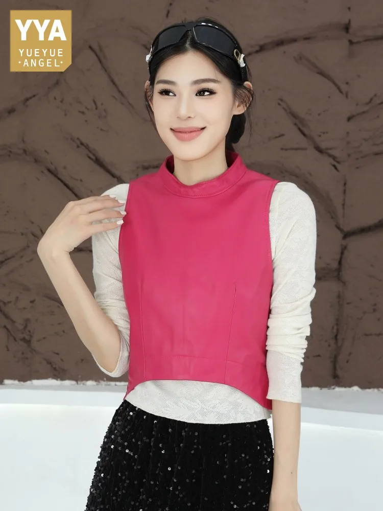 Stand Collar Fashion Genuine Leather Vest Women Designer Sleeveless Short Jacket High Street Slim Fit Zipper Pullover Waistcoat
