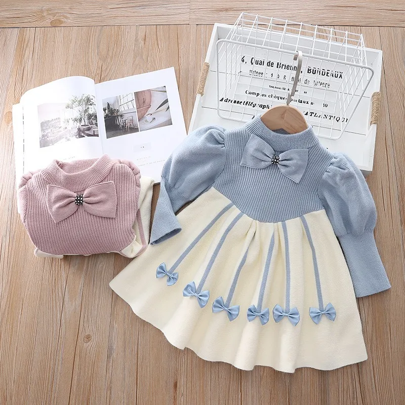 

Autumn Winter Female Court Bubble Sleeve Wool Princess Dress Little Girl Knitted Bow Crew Neck Dress Knitted Sweater Kid Clothes
