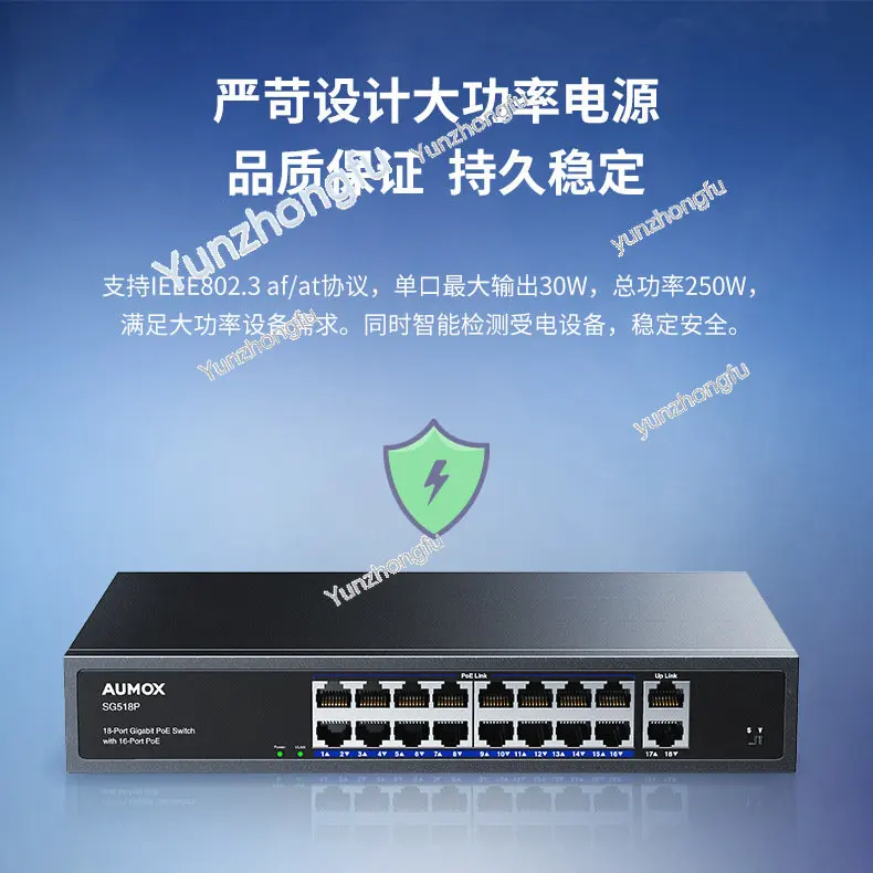 Total Power 250W Standard 16-Port 2 Uplink Full Gigabit PoE Switch Enterprise Engineering Security Monitoring Dedicated