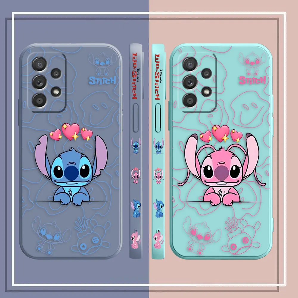 Case For Samsung Galaxy A91 A73 A72 A71 A53 A52 A51 A42 A33 AO3S 4G 5G Simple Liquid silicone Case Lilo And Stitch Angel Couple