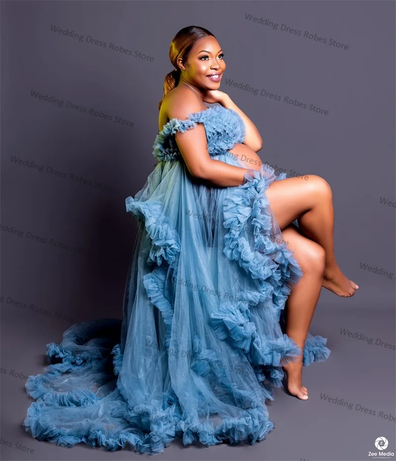 Blue Tulle Women Prom Dress Maternity Dresses for Photo Shoot Robe Sleeveless V Neck Mesh Pregnant Sleepwear Custom Made