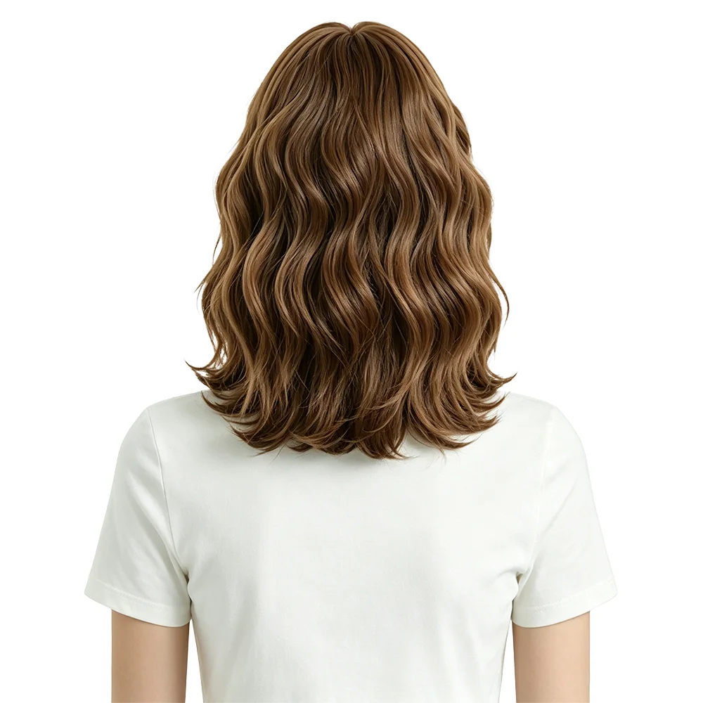 Caramel Brown Shoulder Length Water Wave Wig For Women French Air Bangs Natural Fluffy Bob Head Synthetic Full Wig Daily Wear