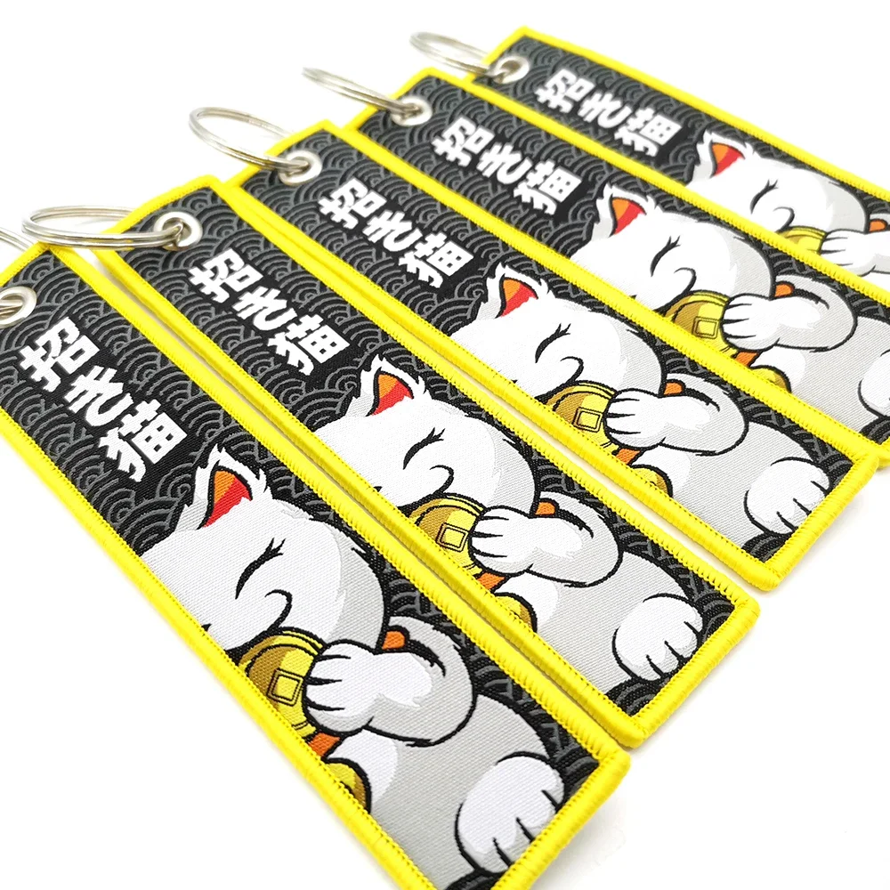 Lucky Cat Embroidery Keyring Fashion Car Keychain JDM Racing Key Tag Lanyard Refit Gift For SHUT UP Auto Motorcycle Accessory