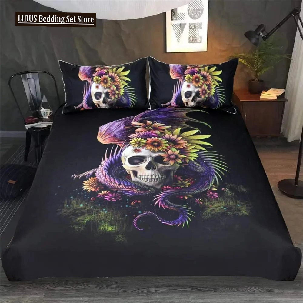 

3D Sugar Skull Comforter Cover Set Twin Size Flowers Print Bedding Set Black Microfiber Polyester Duvet Cover Set