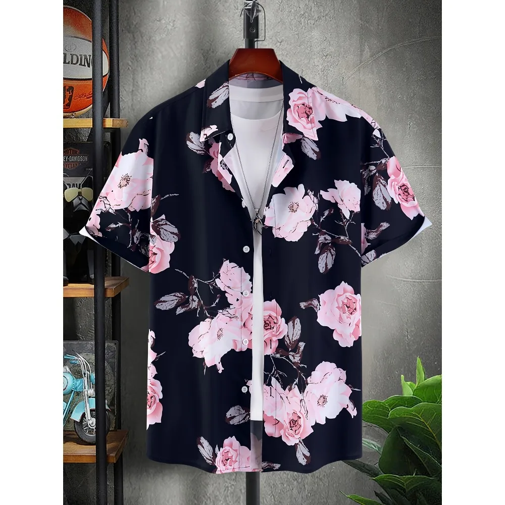 Solid Black Short Moderate Hawaiian Shirt Pink Gradient Rose Print Double Stitch Thin Light Beach Button Shirt