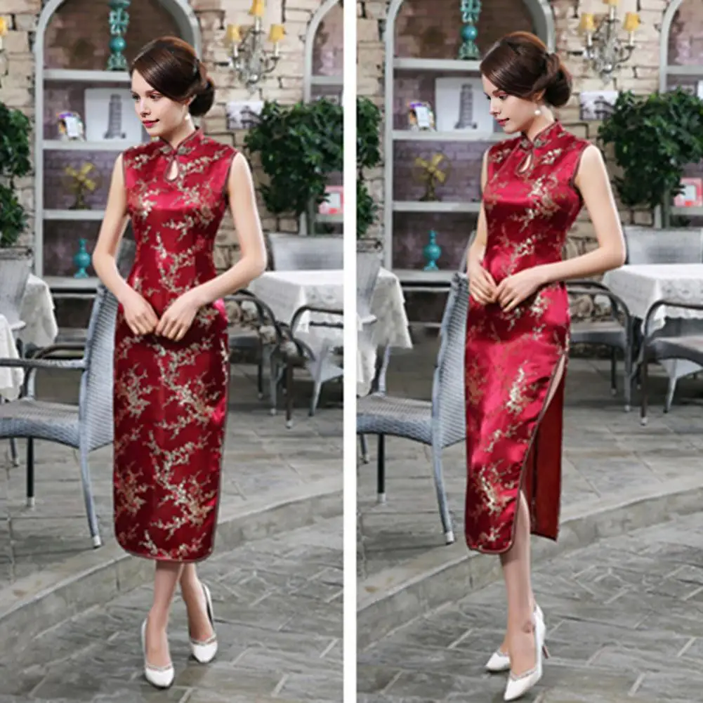 Sexy Women Sleeveless Dress Slim Cheongsam Novelty Vintage Chinese Mandarin Collar Qipao Evening Party Dress Vestidos