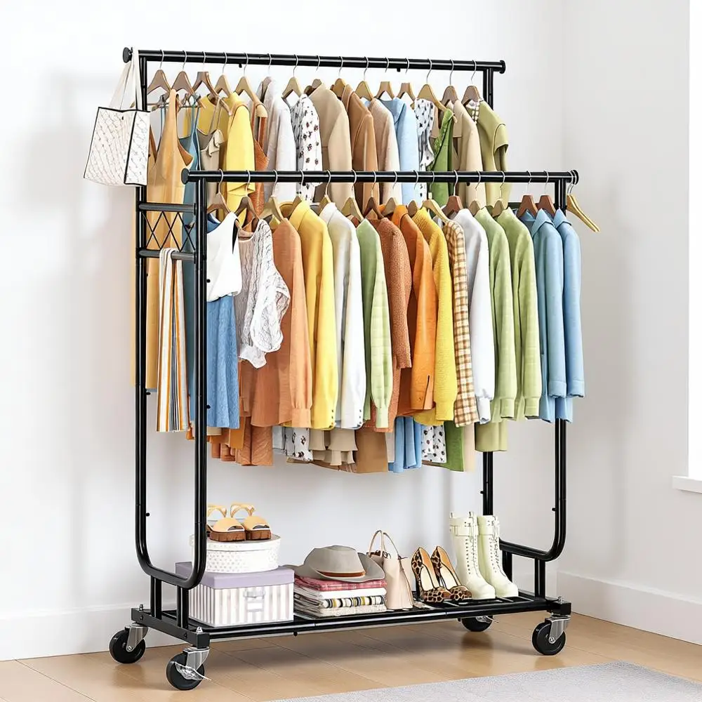 Heavy Duty Clothes Rack Load 450LBS, Rolling Garment Racks, Portable Closet with Shelves, Black