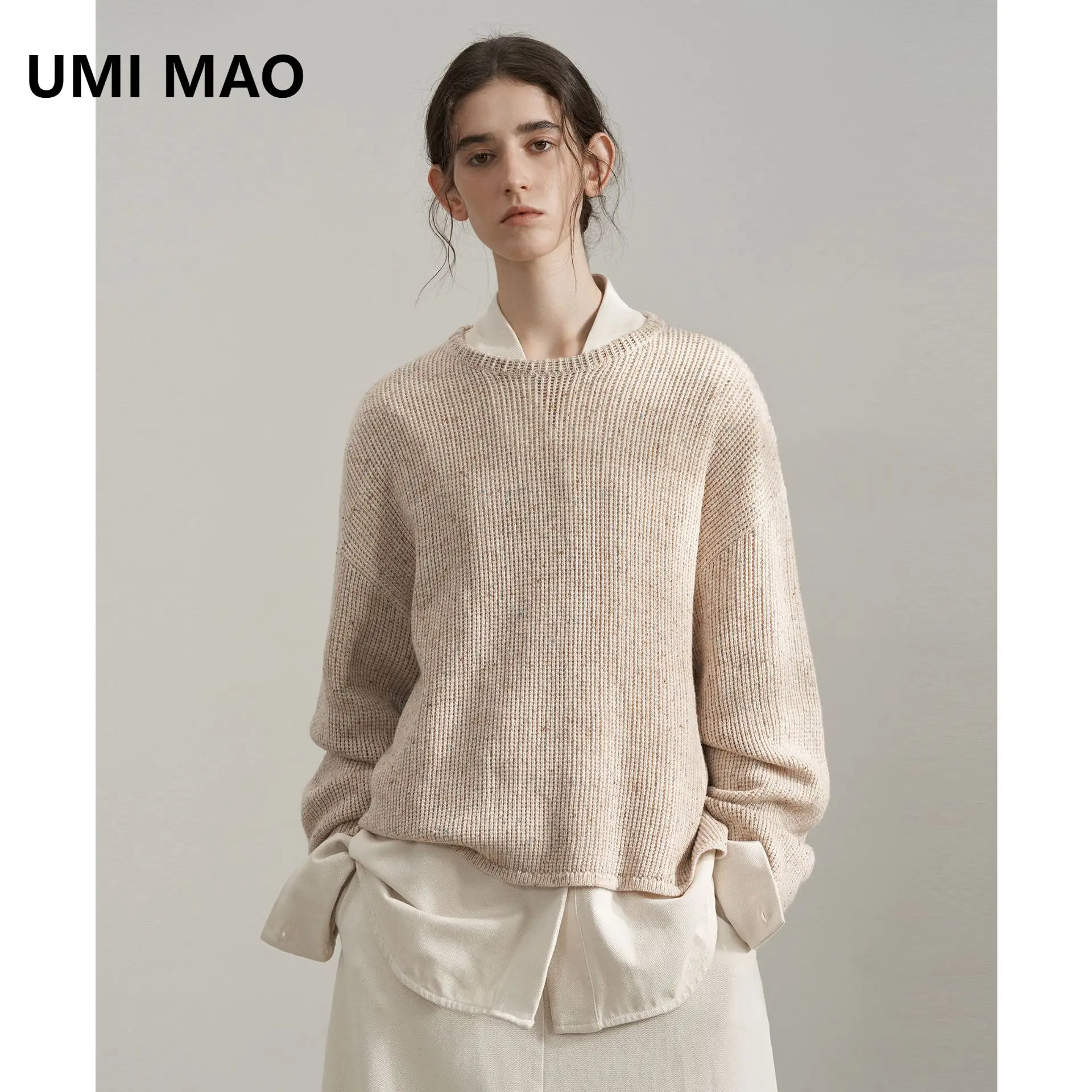 

UMI MAO Color Dot Yarn Round Neck Sweater For Women Autumn Solid Color Casual Basic Stacked Knitwear Top For Women