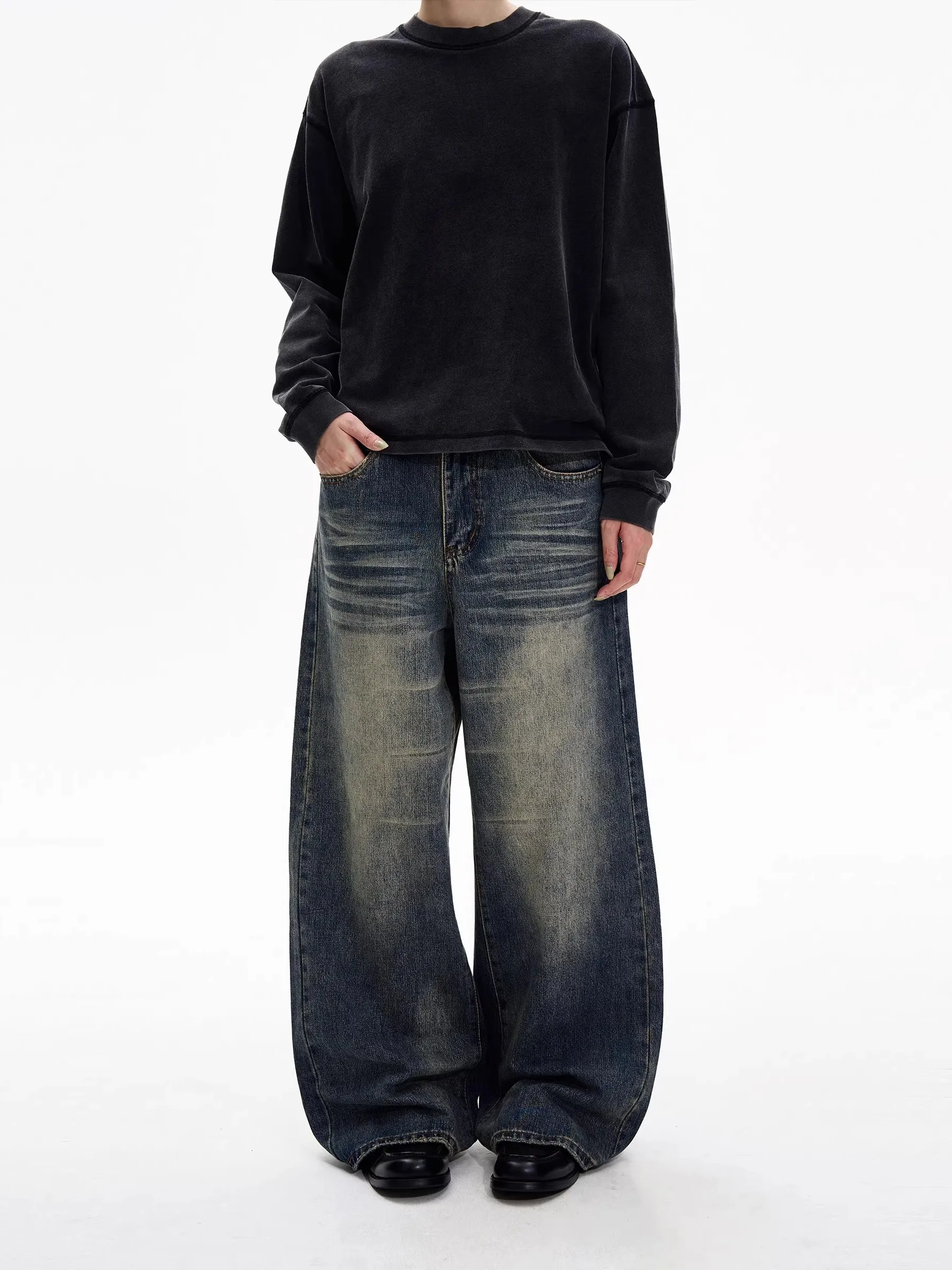 Calças Jeans Retrô Lavadas de Perna Reta para Homens e Mulheres, Casuais, Soltas, com Design de Perna Larga, Estilo Americano...