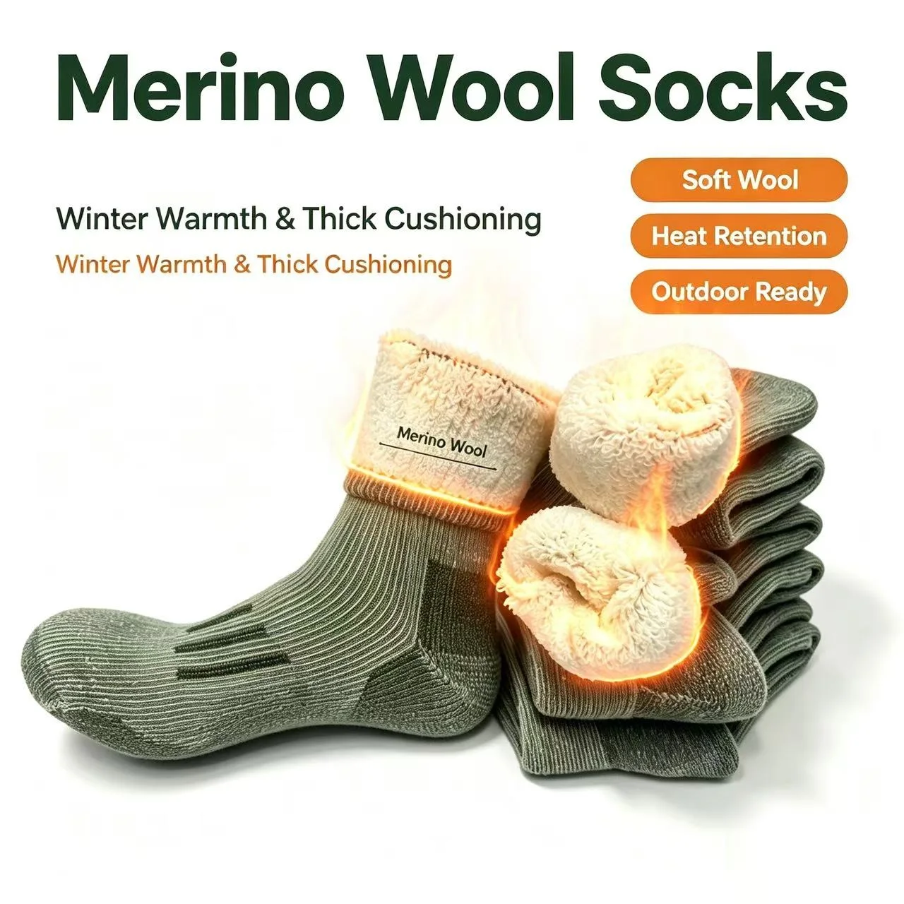 3 Pairs of Army Green Merino Wool Socks, Ultra-Thick Warm Sailor Insole Socks, Military Socks