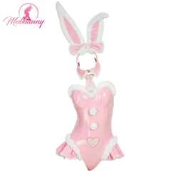 MOBBUNNY Women Lingerie Pink Bunny Girl Christmas Cosplay Costume Furry Heart Cutout Bodysuit with Bunny Ears Headaband and Tail