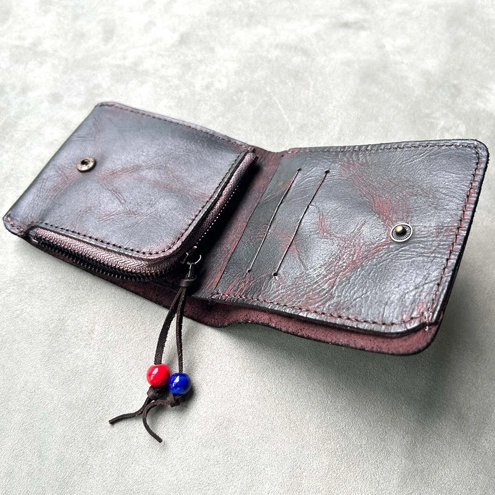 남성용 핸드메이드 황갈색 가죽 지갑, 동전 주머니, 지퍼 지갑, 순수 가죽
