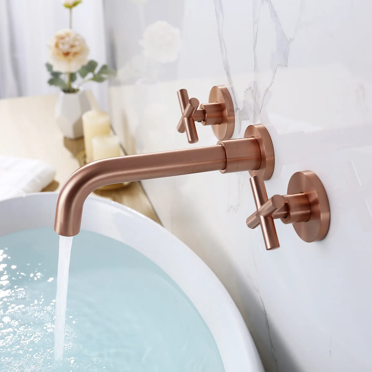 

Double Handles Wall Mounted Bathroom Faucet with Cross-shaped Handwheel, Brushed Rose Gold, Black, Gunmetal, Brushed Gold