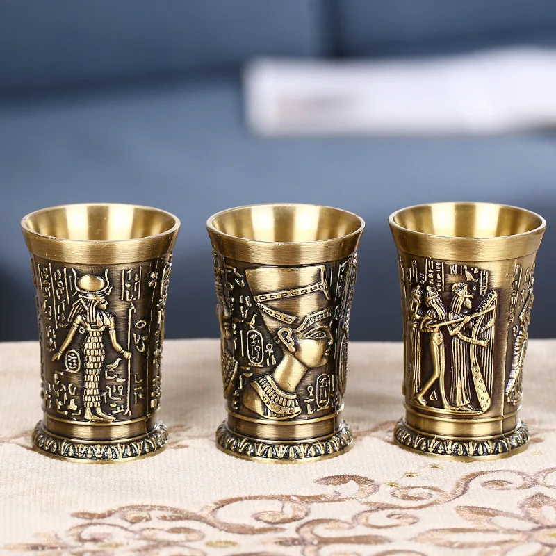 

3 Pcs Lot Bronze Shot Glass Retro Egypt Small Wine Tasting Glasses 3D Relief Rameses Metal Baijiu Cup Liquor Spirits Soju Cups