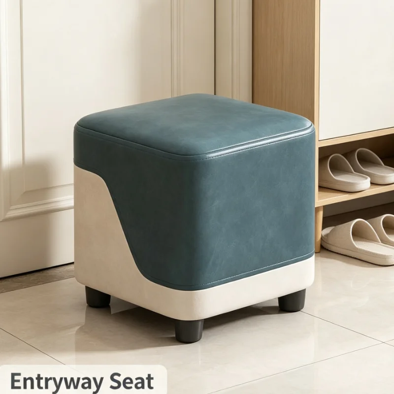 Square Color Block Stool With Tech Fabric And Solid Wood Frame For Living Room Entryway Extra Seating And Shoe Changing
