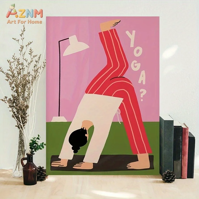 AZNM Funny Yoga Figure Canvas Print Pink Green Cute Cartoon Human Stretch Pose Minimalist Relax Studio Bedroom Wall Decor Unfram