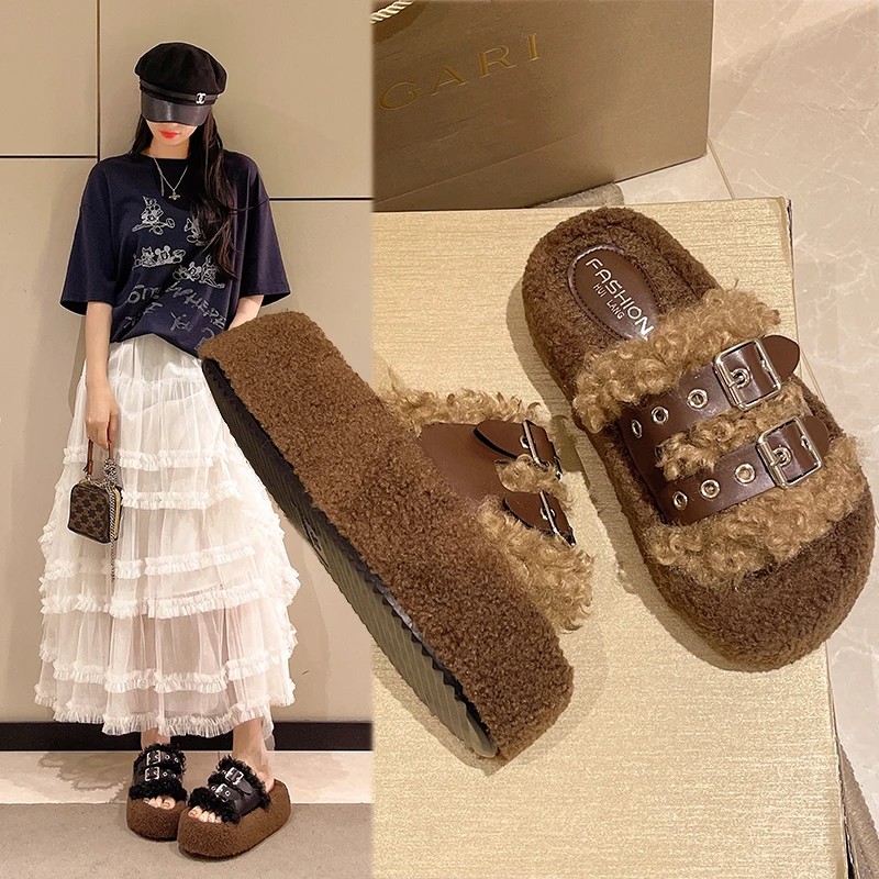 

Women's Suede Shoes Slippers Fur Flip Flops Women Slippers Flat Bottom Plush Hawaiian Rubber Roman Fabric Basic Fur Shoes Women