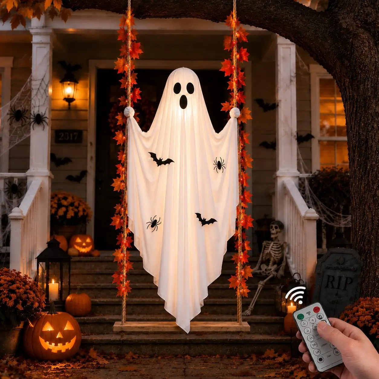 Hanging Ghost Light Halloween Outdoor Decor Timer Modes Brightness Stickers Vines Porch Yard Tree Party