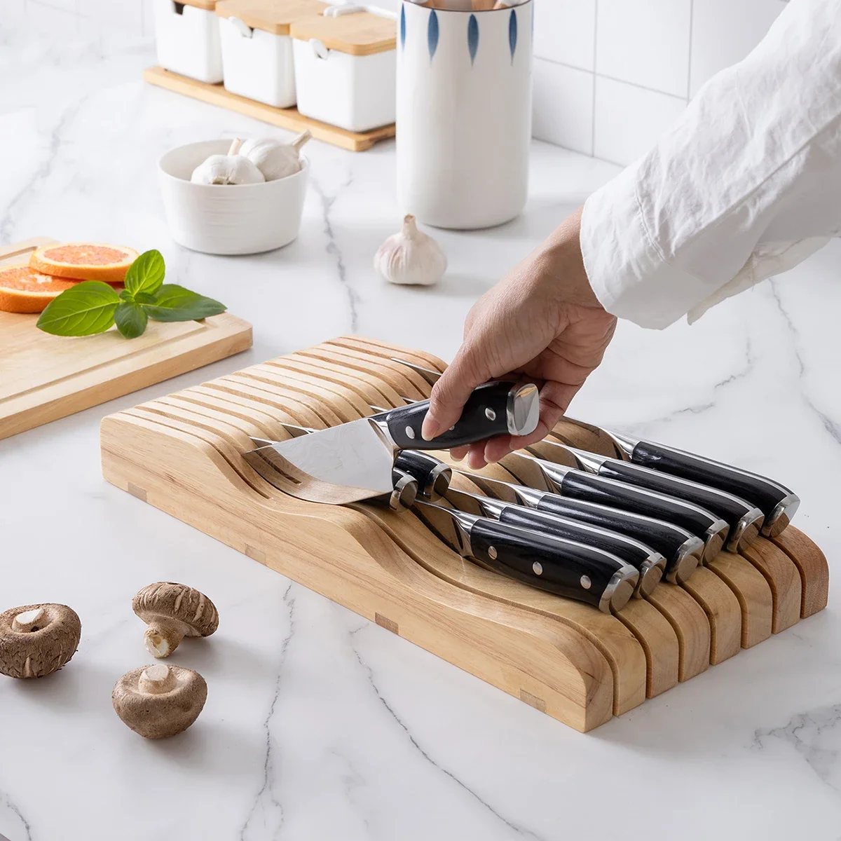 1PC-Knife Storage Rack, Tidy Kitchen Desktop, Creative Drawer Placement, Knife Holder, Horizontal Wooden Knife Holder - view 3