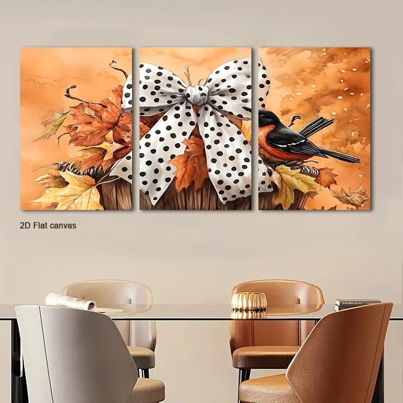 Frameless canvas 3pcs Wall Art with Polka Dot Bow & Birch - Fall Birch Tree Panel Prints for Home Office Bathroom Decor, Seas