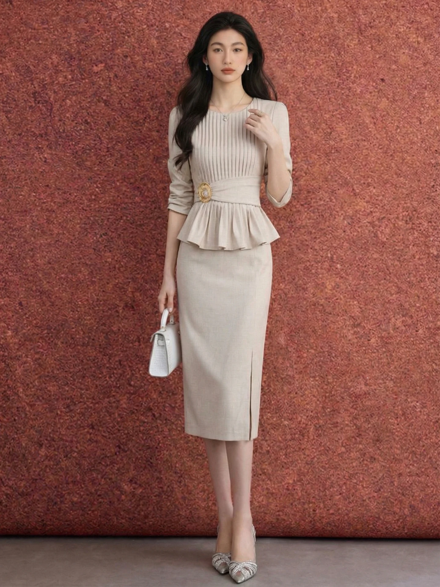 

Женский комплект Romantic Bay из двух предметов с поясом на талии и рукавами до локтя, абрикосового цвета, летний, простой, для повседневной носки