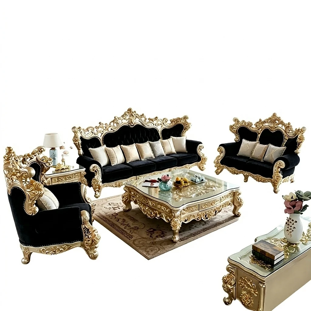 #French Royal Luxury Antique Living Room Furniture Fabric Wood Carved L-Shape Sofa Gold European Wooden Sofa Set High Density