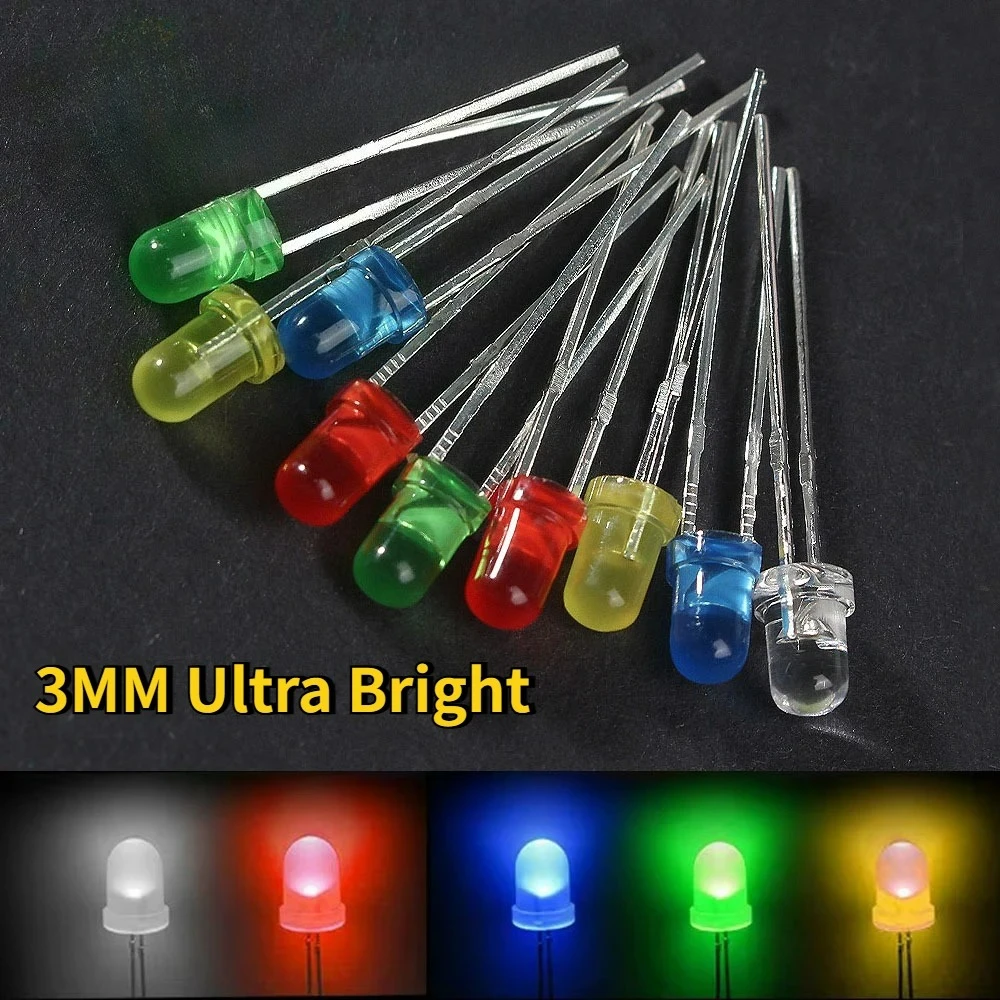 5 Colors F3 Ultra Bright 3mm LED Light Assorted Kit White/Yellow/Red/Green/Blue LED Diode Set for Arduino DIY Electronic Project