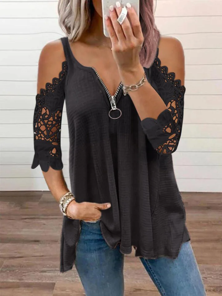 Fashion Off Shoulder Tops Sexy Lace Sleeve Patchwork Loose Blouses Tops Casual Plus Size Zipper V Neck Female Tunic Tops T-shirt