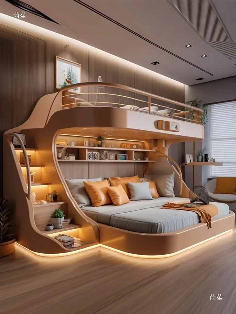 Whole house children's tree house bunk beds with lighting effects, all solid wood bunk beds, high and low children and mothers
