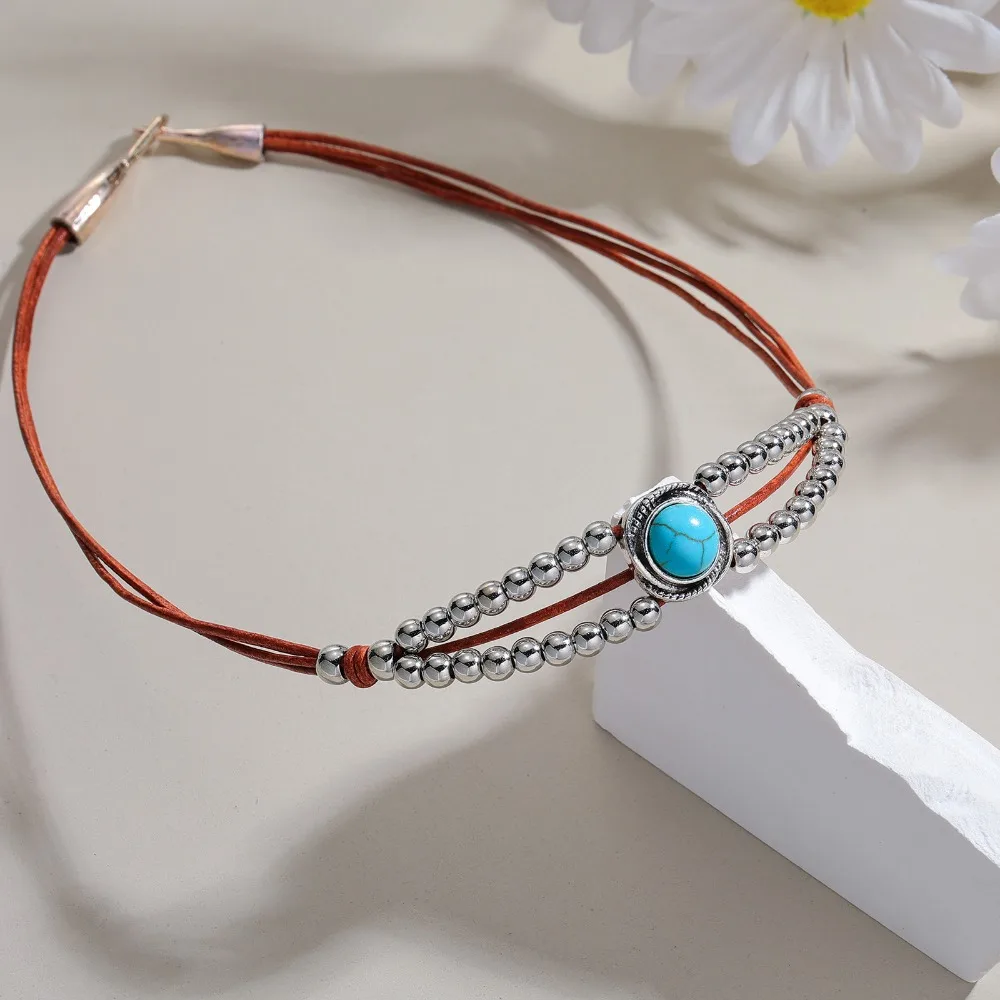 Retro Ethnic Silver Color Turquoise Beaded Cowhide Leather Cord Double Layer Choker Necklaces for Women Vacation Tourism Jewelry