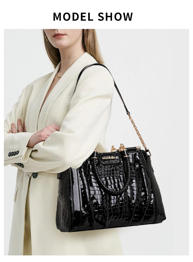 Aidrani Neue Glänzende Kroko-Muster Lackleder Handtasche für Damen mit Geflochtenem Griff und Metallkette, Crossbody Alltagstasche – Detail 1