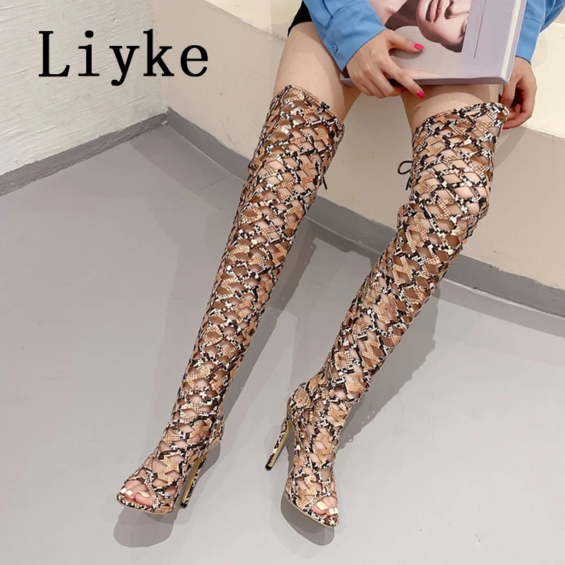 Liyke Sexy Snakes Print Leather Women Hollow Out Thigh High Over The Knee Boots Sandals Fashion Open Toe Zip Lace-Up Heels Shoes