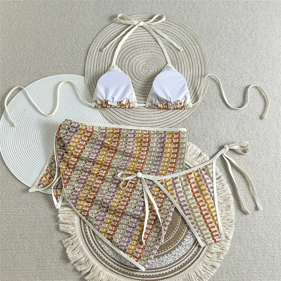 Mit Sarong-Halter, farbenfrohem Bikini, Damen-Badebekleidung, dreiteiligem Bikini-Set, gepolstertem Badeanzug, Badeanzug, Schwimmbekleidung V7597 – Detail 14