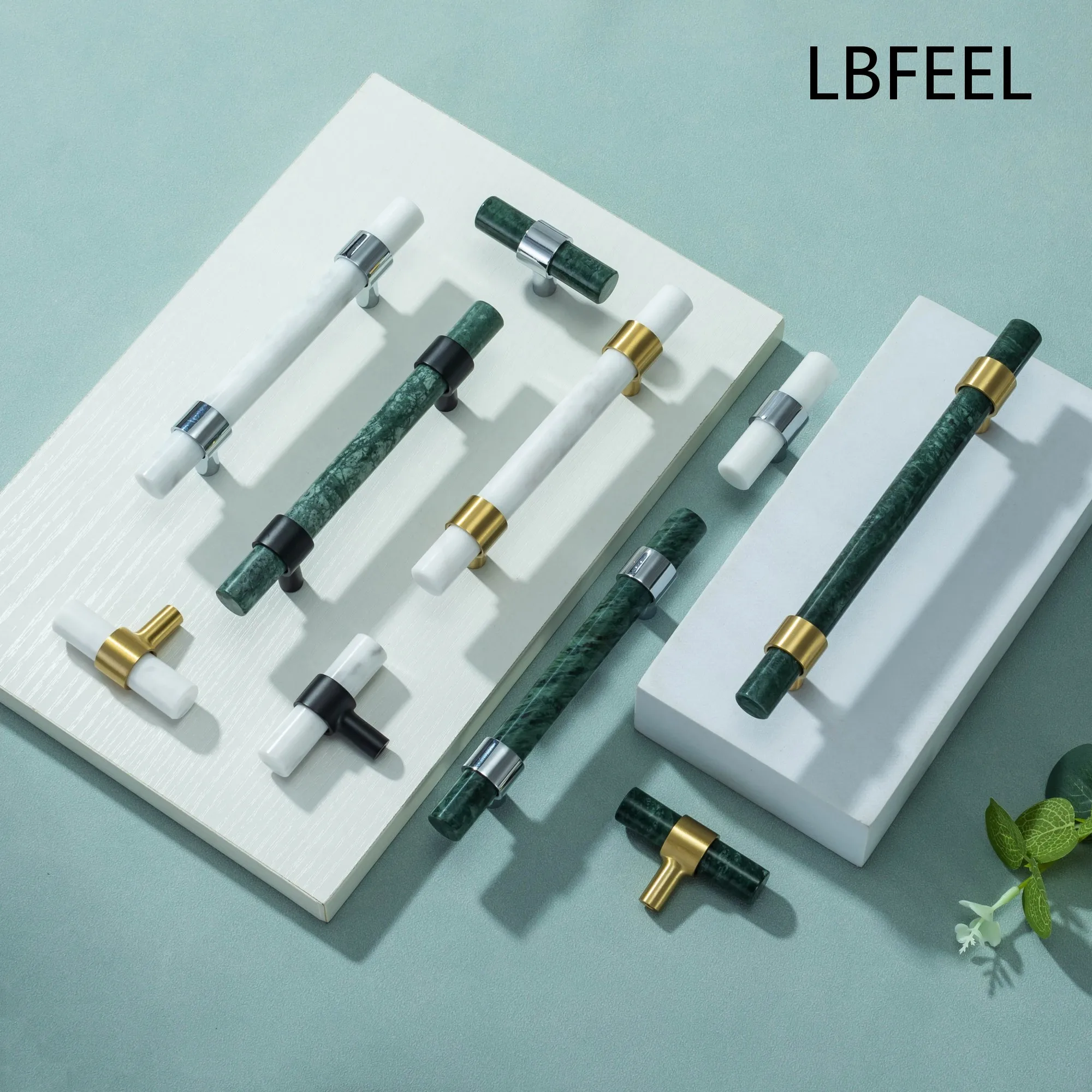 Nordic Luxury Wardrobe Cabinet Door Handles Modern Natural Marble Brass Furniture Handles Green Cupboard Drawer Knobs LBFEEL