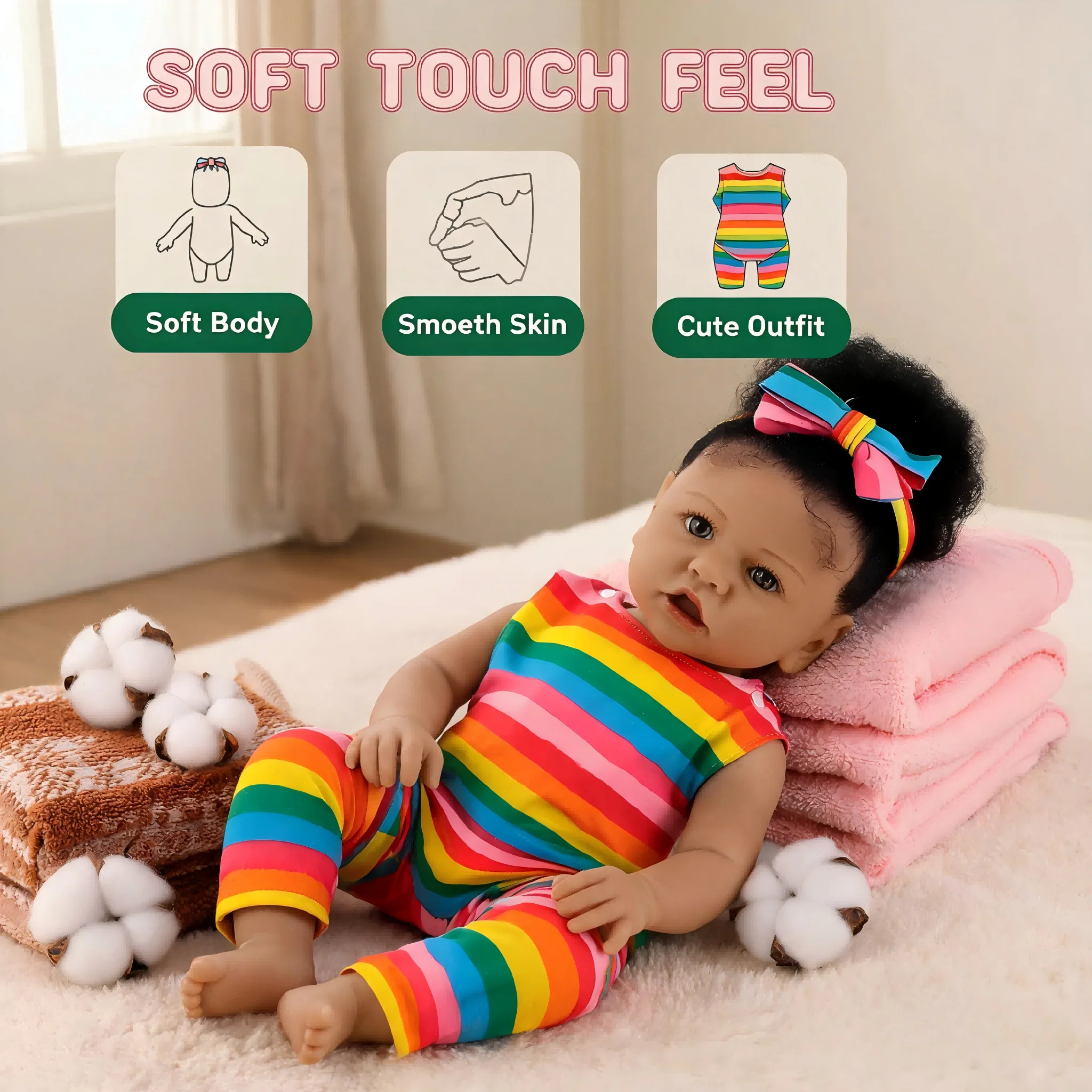 22 Inch High-Definition Reborn Doll Realistic Newborn Doll Fluffy Curly Hair Fine Hand-Painted Features Soft Vinyl Material Suitable for Ages 3+ Birthday Holiday Collectible Gift