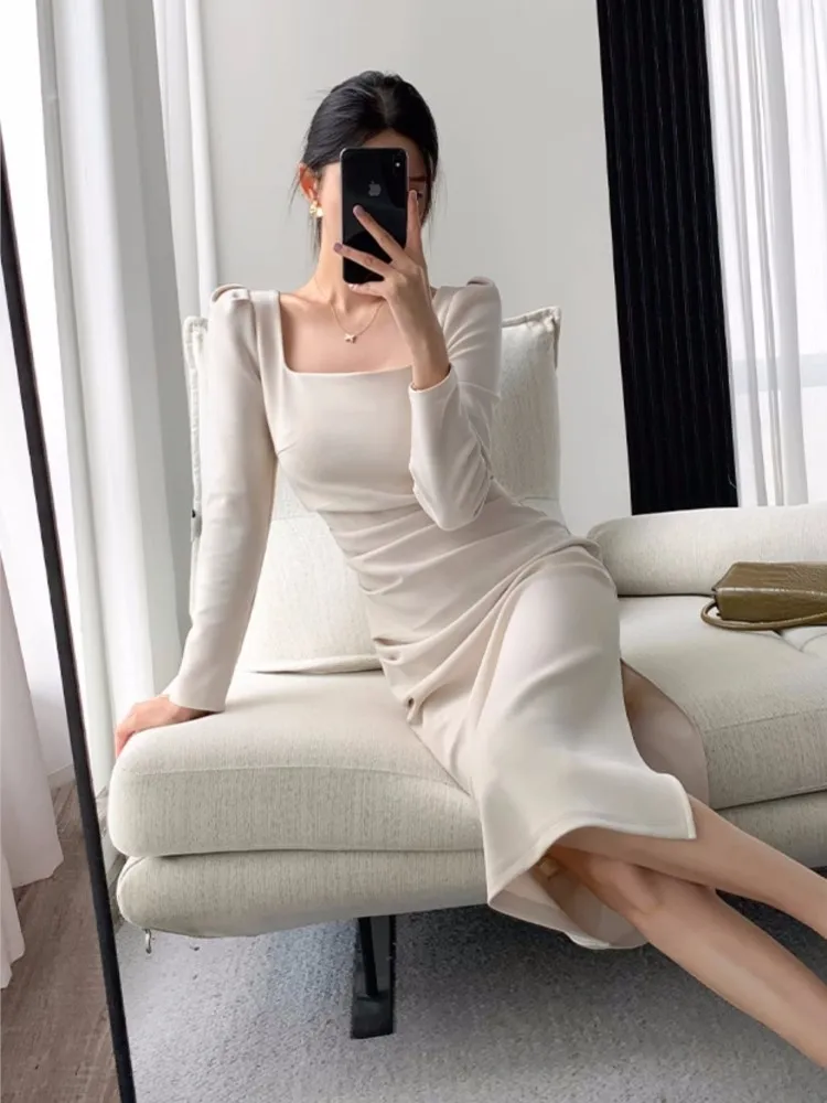 Elegant Long Sleeve Midi Dresses for Women Square Collar Slim Waist Bodycon Split Dress Autumn New Solid Office Lady Vestidos