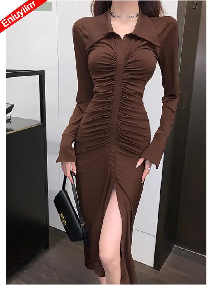 New Year Feminine Vestidos 2022 Women Button Single Breasted Elegant Bodycon bandage Pencil Long Split Slit Sexy Shirt Dress