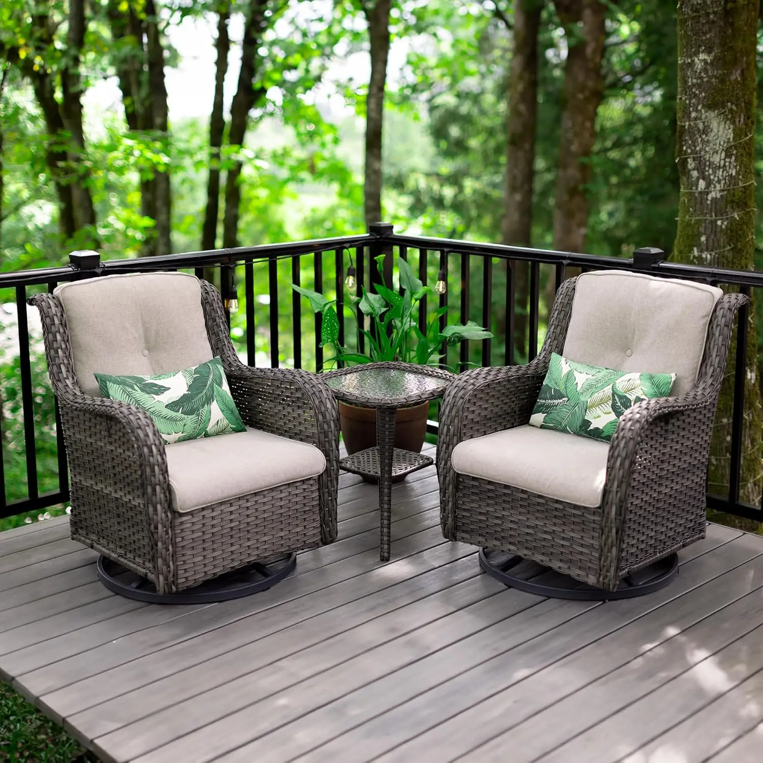 

360 Degree Swivel Rocker Patio Chairs Set of 2 and Matching Side Table - 3 Piece Patio Wicker Glider Chairs