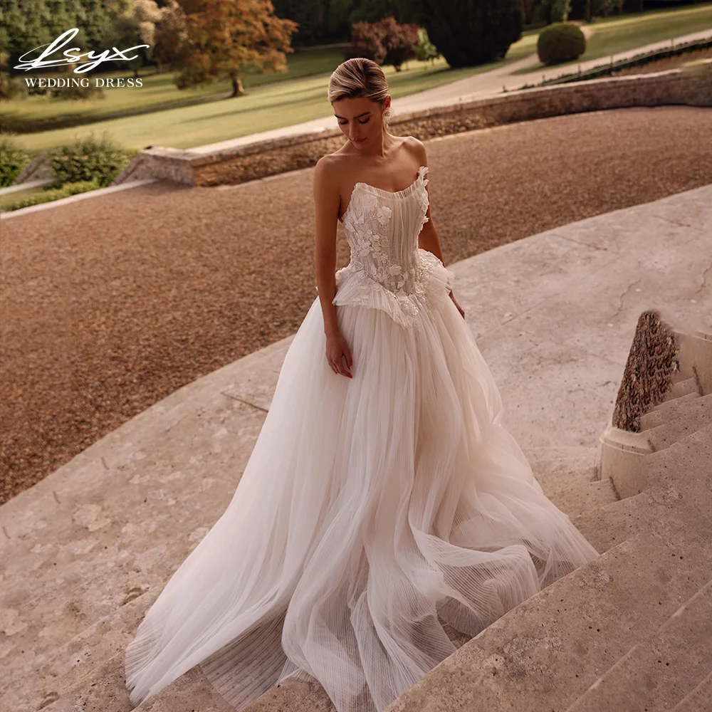 

LSYX индивидуальное свадебное платье из тюля с 3D цветами без бретелек без рукавов и открытой спиной, элегантное свадебное платье 2025, Vestidos De Novia