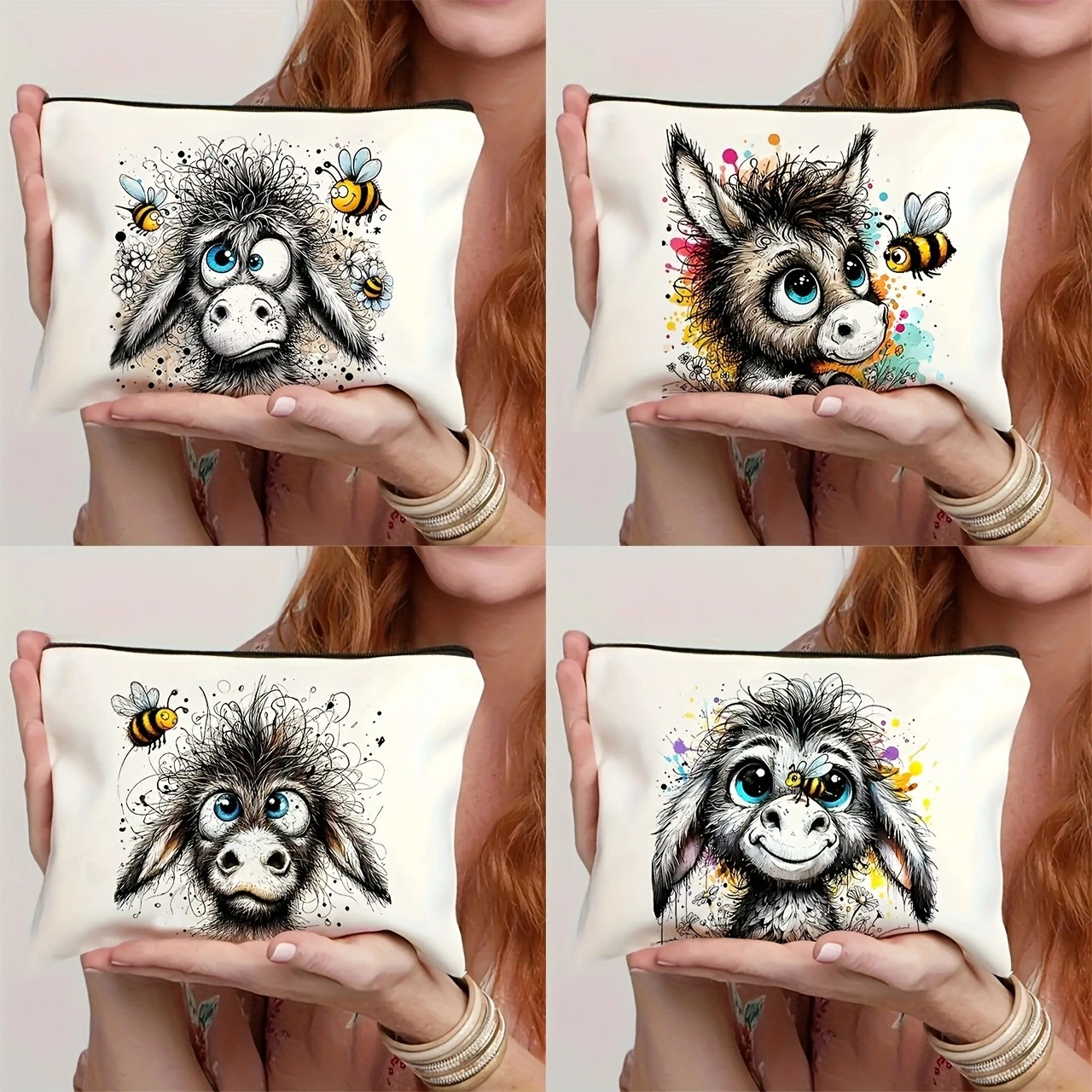 1pc Vibrant Donkey & Bee Pattern Makeup Bag – Whimsical Cartoon Design with Colorful Flowers, Spacious & Lightweight Cosmetic