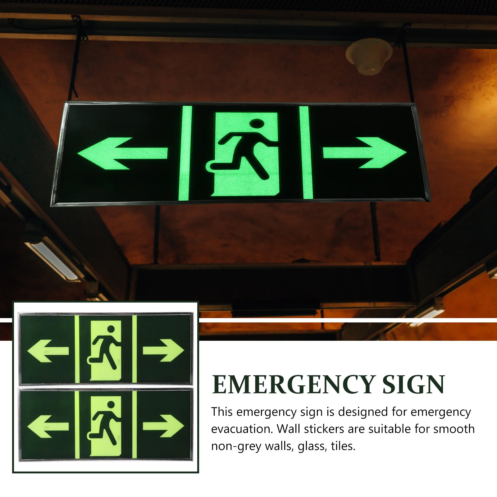 

2Pcs Luminous Emergency Exit Sign Acrylic Wall Sticker Safety Evacuation Indicator Glow Floor Guide Sticker Durable Removable