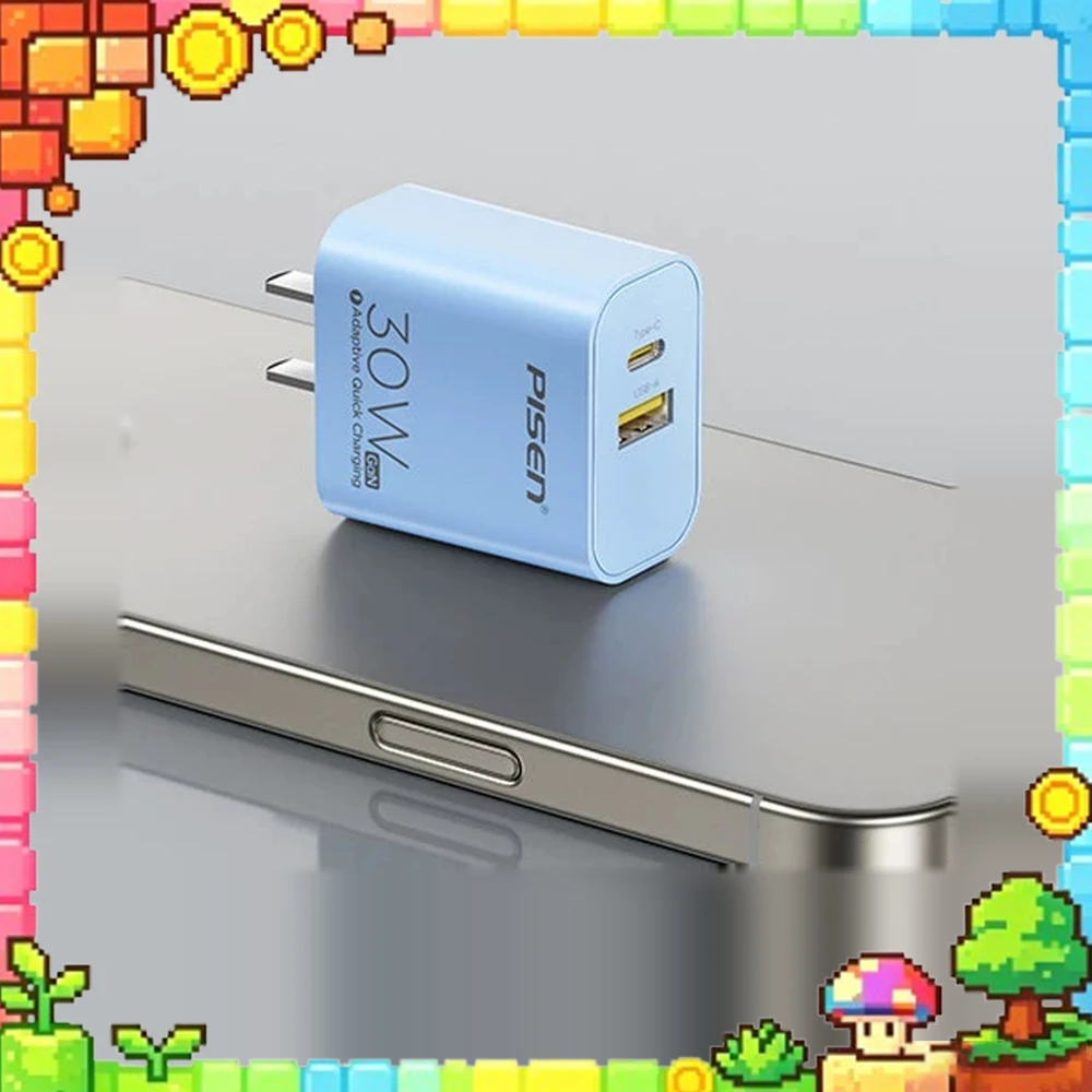 Pisen PD30W USB Wall Charger Sky Blue USB-C 30W USB-A 18W Dual Port Fast Charging for iPhone 8-18 Android China Flat Plug